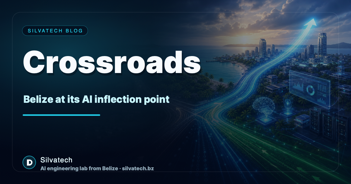A glowing data crossroads over a Caribbean technology landscape for the Crossroads Silvatech article.